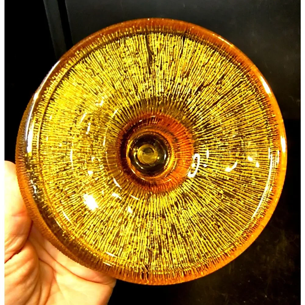 2044.  Vintage MCM Amber Glass Pedestal Compote Tree Bark Texture